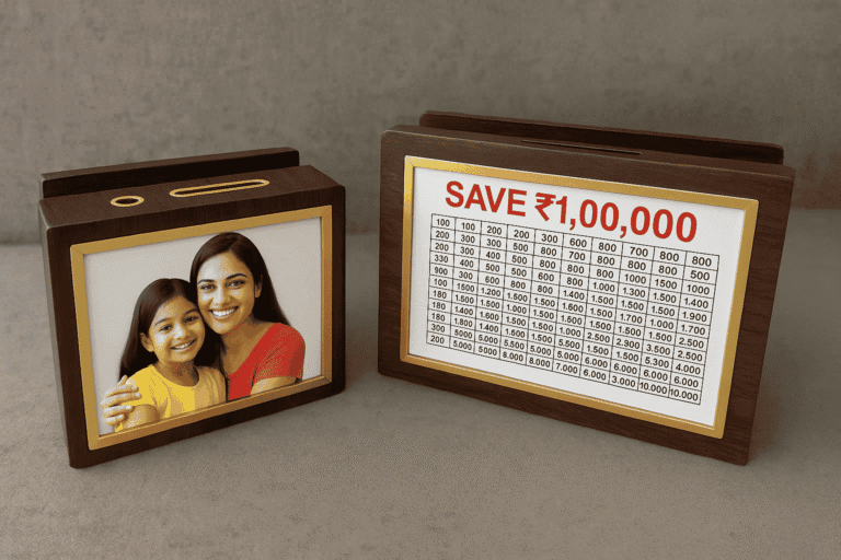 Personalised wooden piggy bank with photo